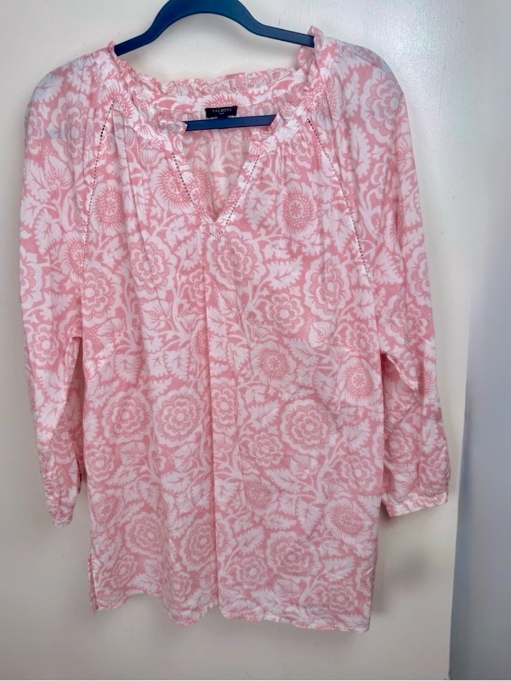 Talbots 2X Pink & White Rose Floral Popover Blouse Top - Picture 5 of 11